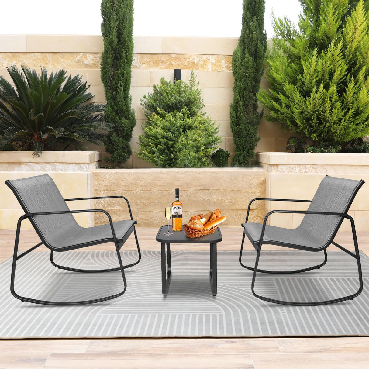 3-Piece Outdoor Rocking Bistro Set with Glass Top Table