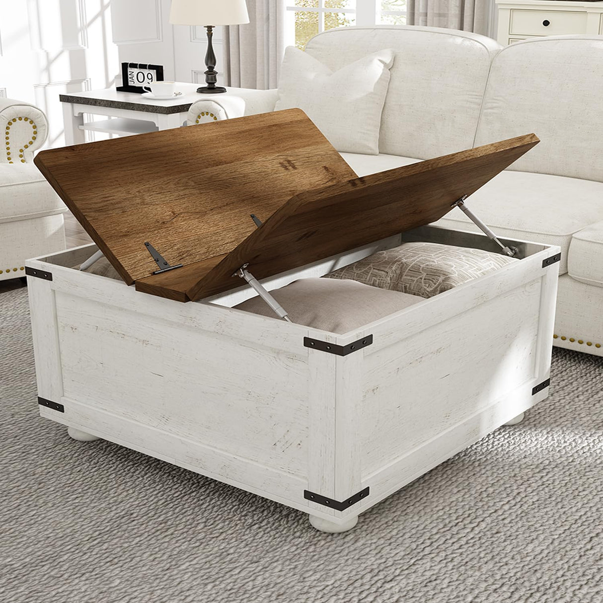 Farmhouse Coffee Table with Hydraulic Gas Rod, White Square Coffee Table