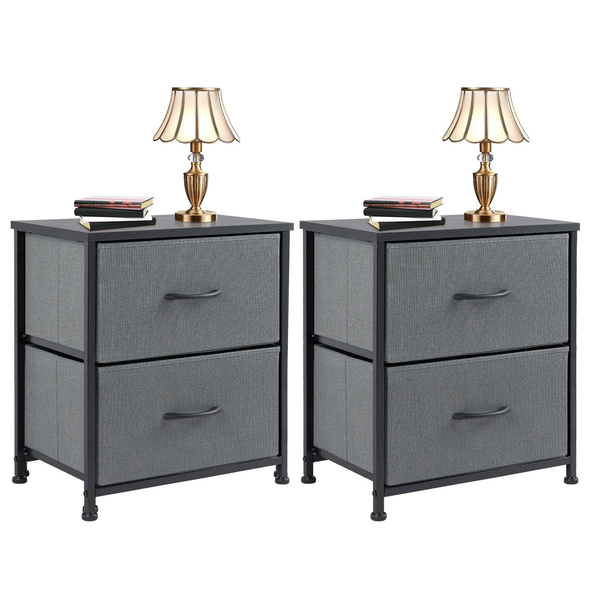 Nightstands Set of 2, Metal Frame and Wood Top Night Stand with 2 Drawer Dresser,