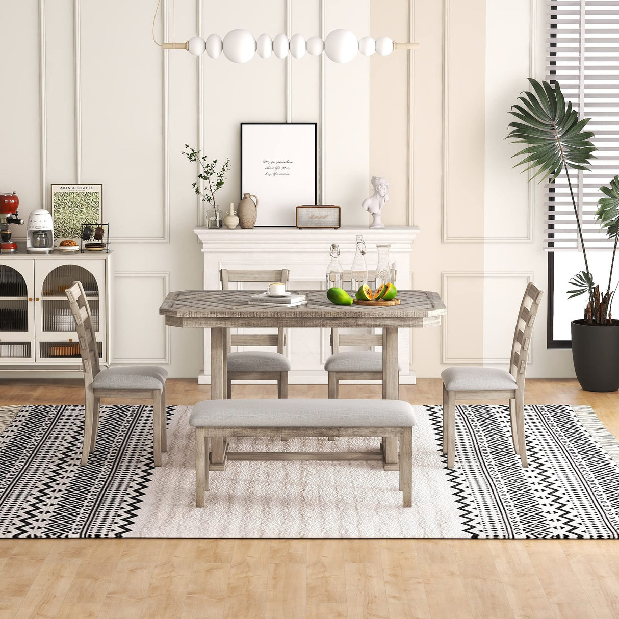 6, Rectangular Dining Table with Upholstered Chairs and Bench, 6-Piece Table Set for Dining Room and Kitchen, Retro Dining