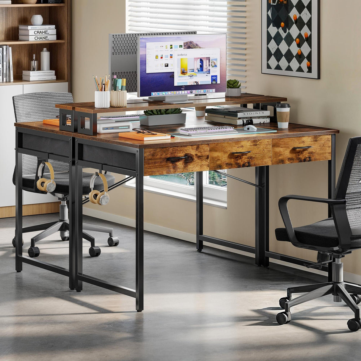 Small Computer Desk with Drawers, Office Desk with Monitor Stand for Small Spaces