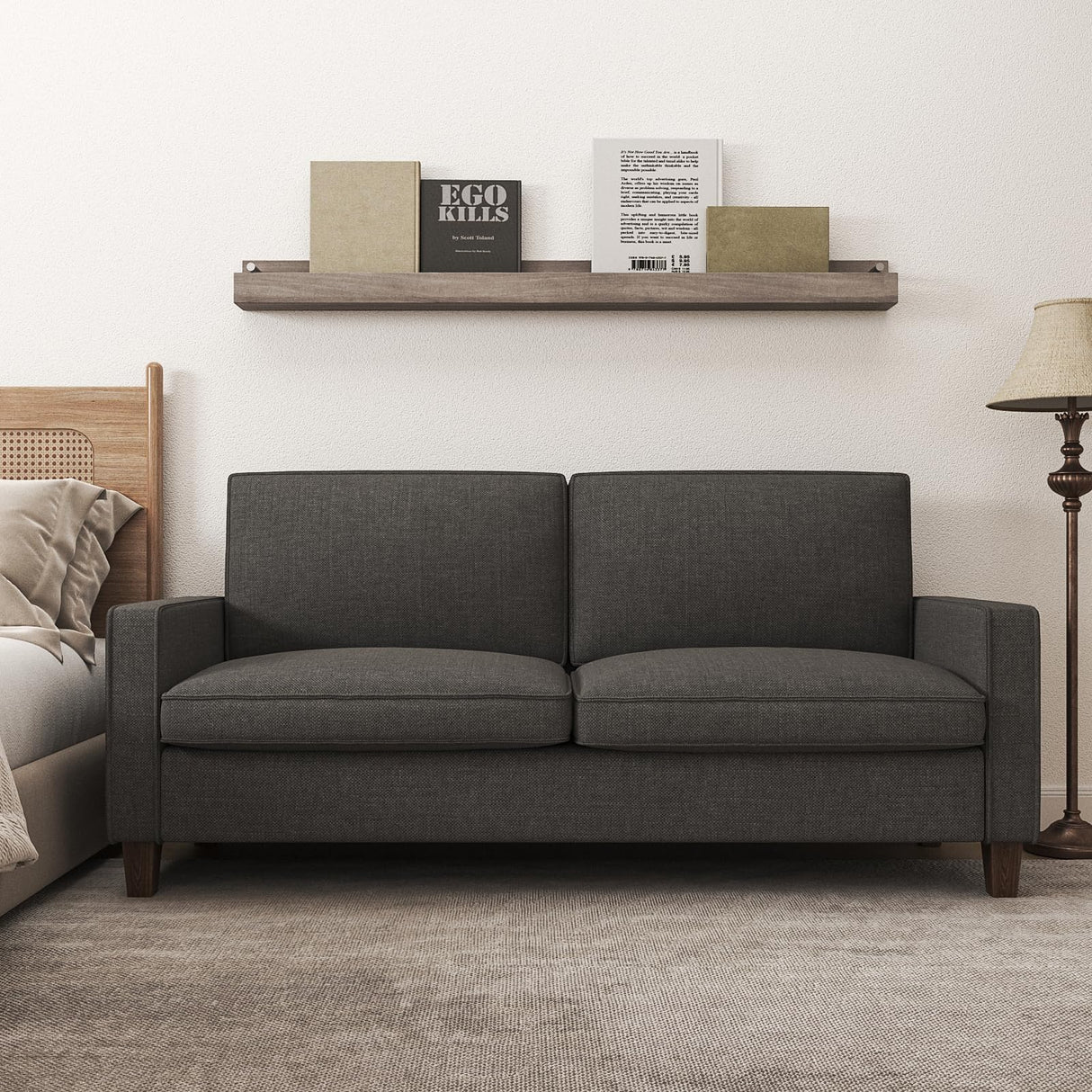 70" Black Couch, Small Loveseat Sofa, Linen Fabric Love Seat with Pocket