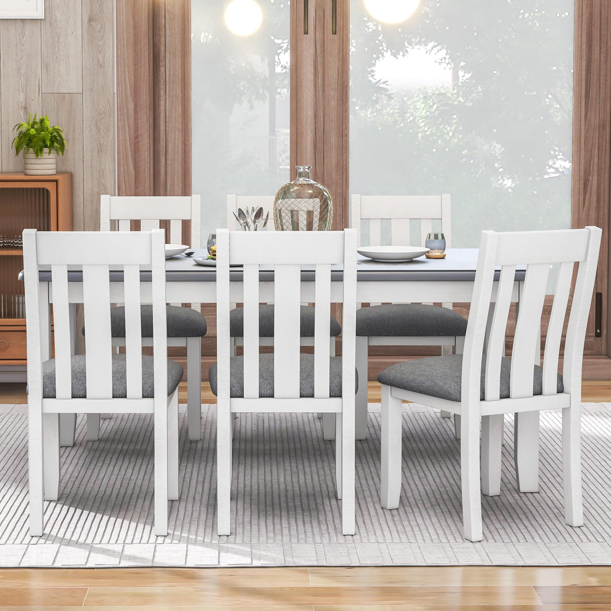 Piece Dining Table Set, Farmhouse Kitchen Table Set with 6 Upholstered Chairs, Extendable Kitchen