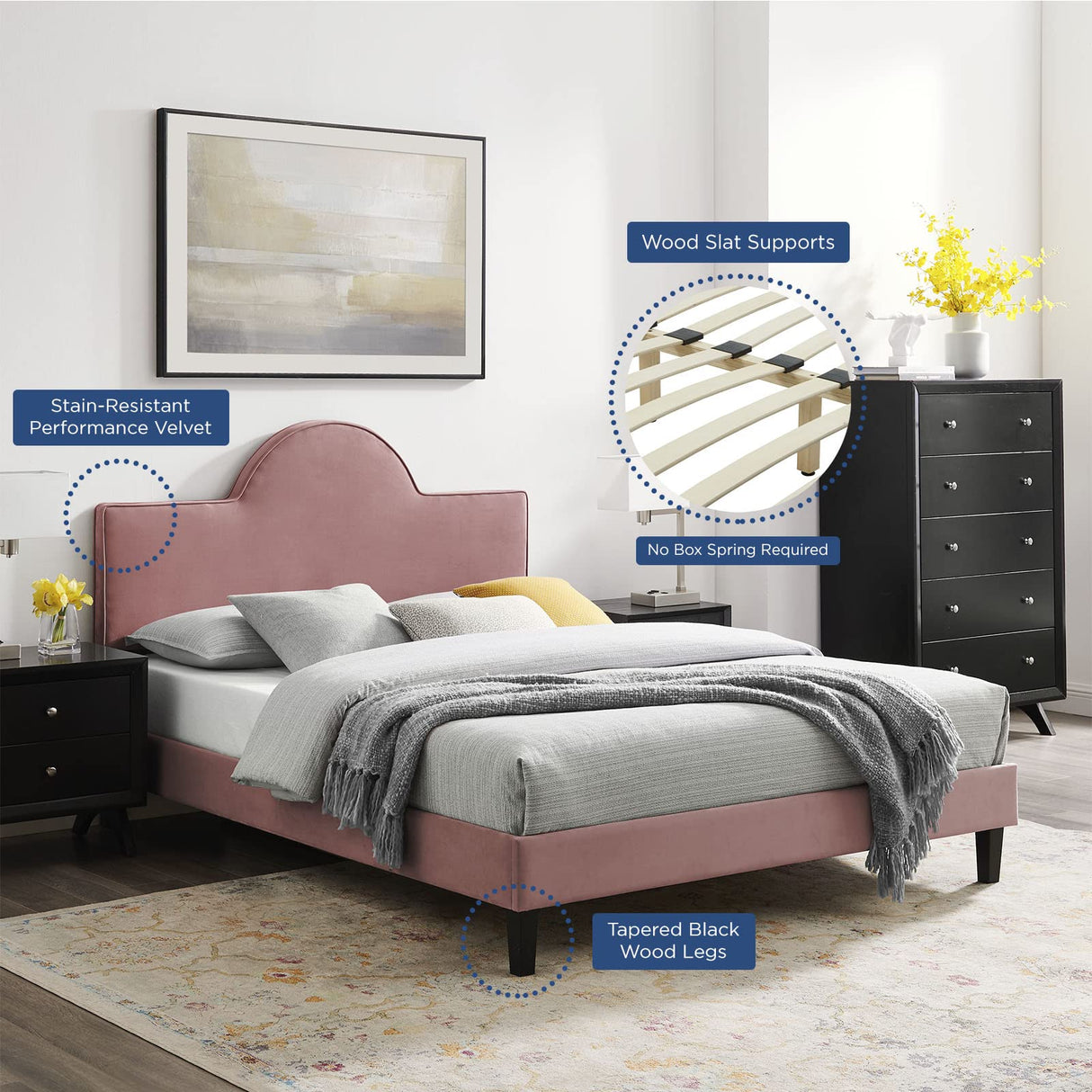 Performance Velvet Queen Bed in Dusty Rose Platform