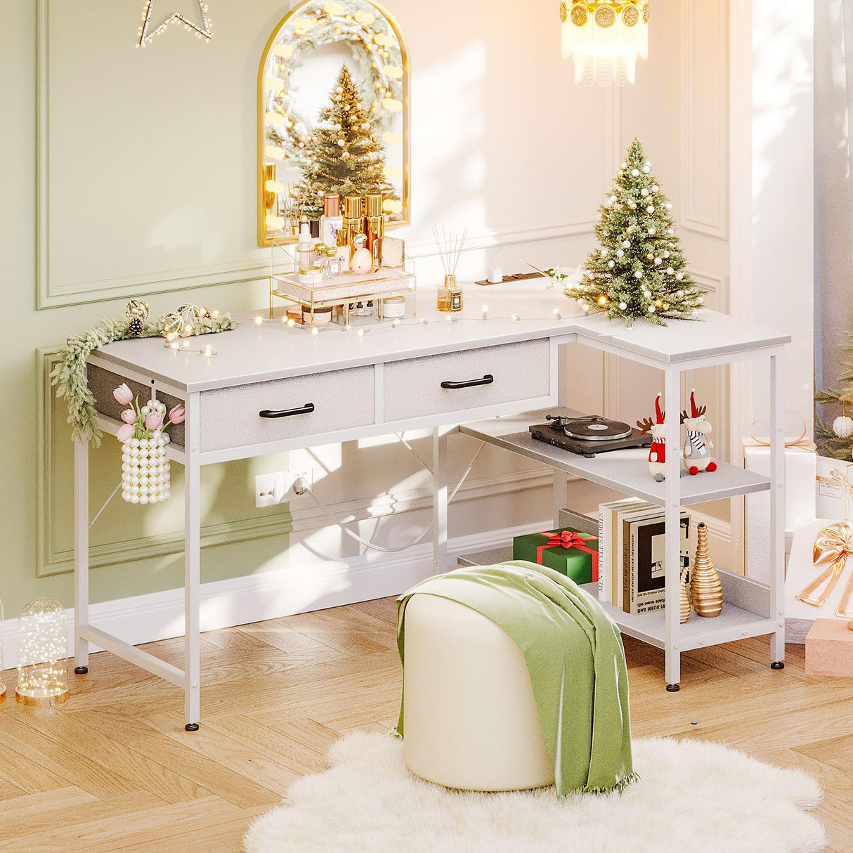 40 Inch L Shaped Desk with 2 Drawers, Computer Desk with USB Ports, Office Desk with Storage Shelves, Corner Desk Home Office Desks, Small Desk for Bedroom, White