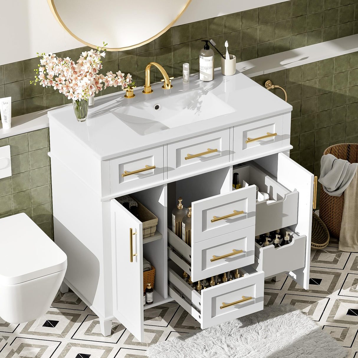 36" Bathroom Vanity with Single Sink, White Bathroom Storage Cabinet with 3 Drawers