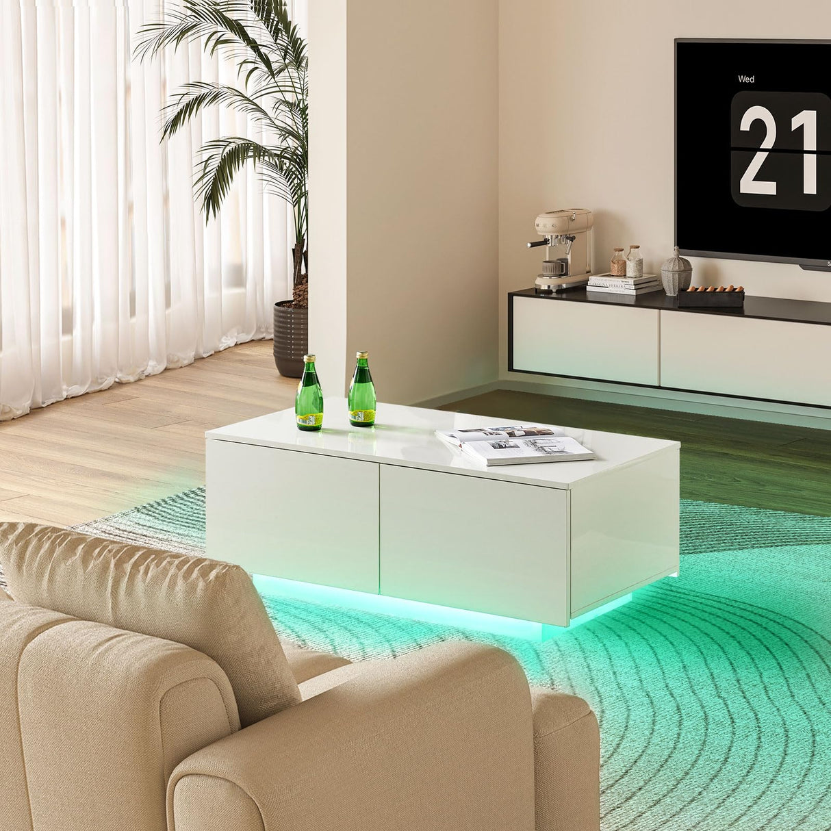 LED Coffee Table with 4 Drawers, High-Glossy Modern Coffee Table with LED Light