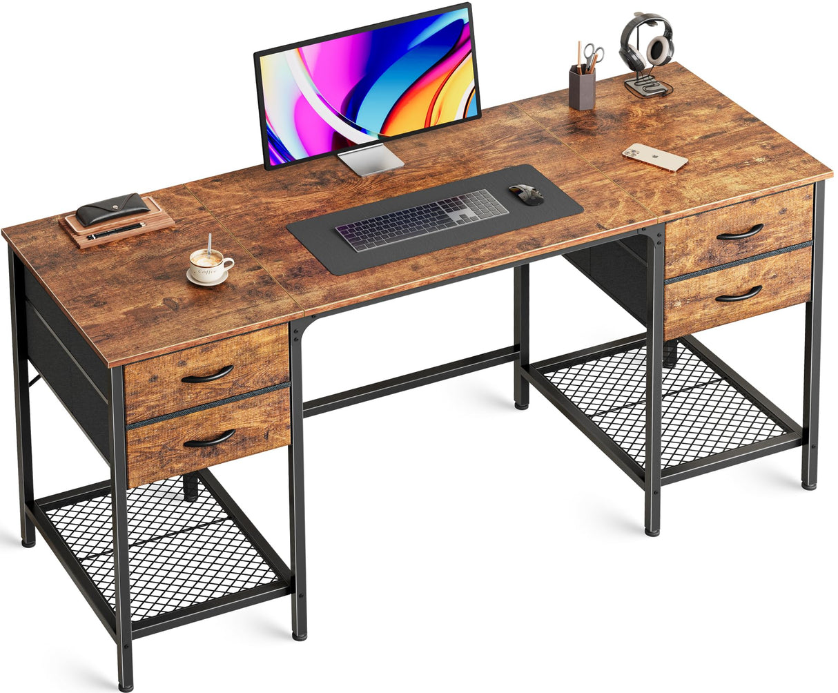 55 Inch Computer Desk with 4 Drawers, Office Desk with Mesh Shelf
