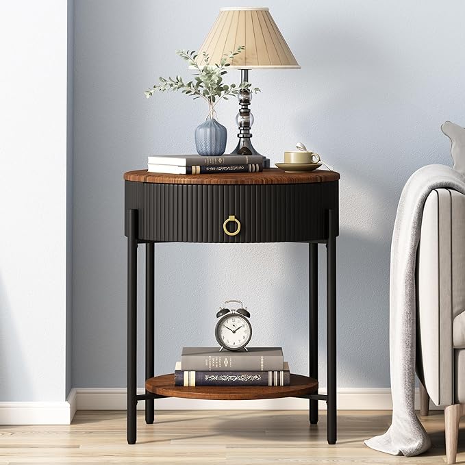 Round Side Table with Drawer, Modern Nightstand with Shelf and Chrome