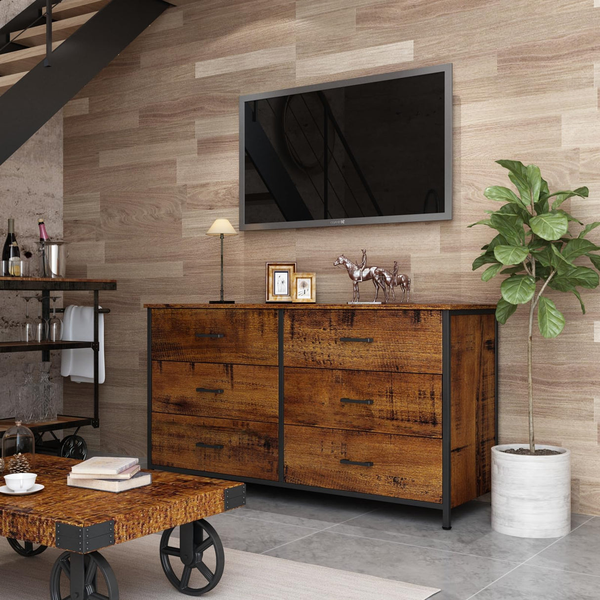 6 Drawer Double Dresser, Industrial Wood Storage Dresser Clothes Organizer with Sturdy