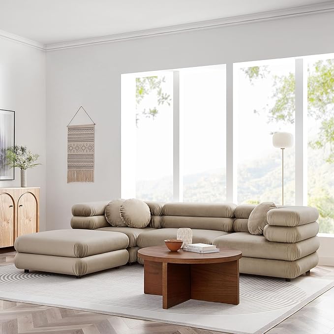 Jubilee Performance Velvet 4 Piece Sectional Sofa with Ottoman in Almond