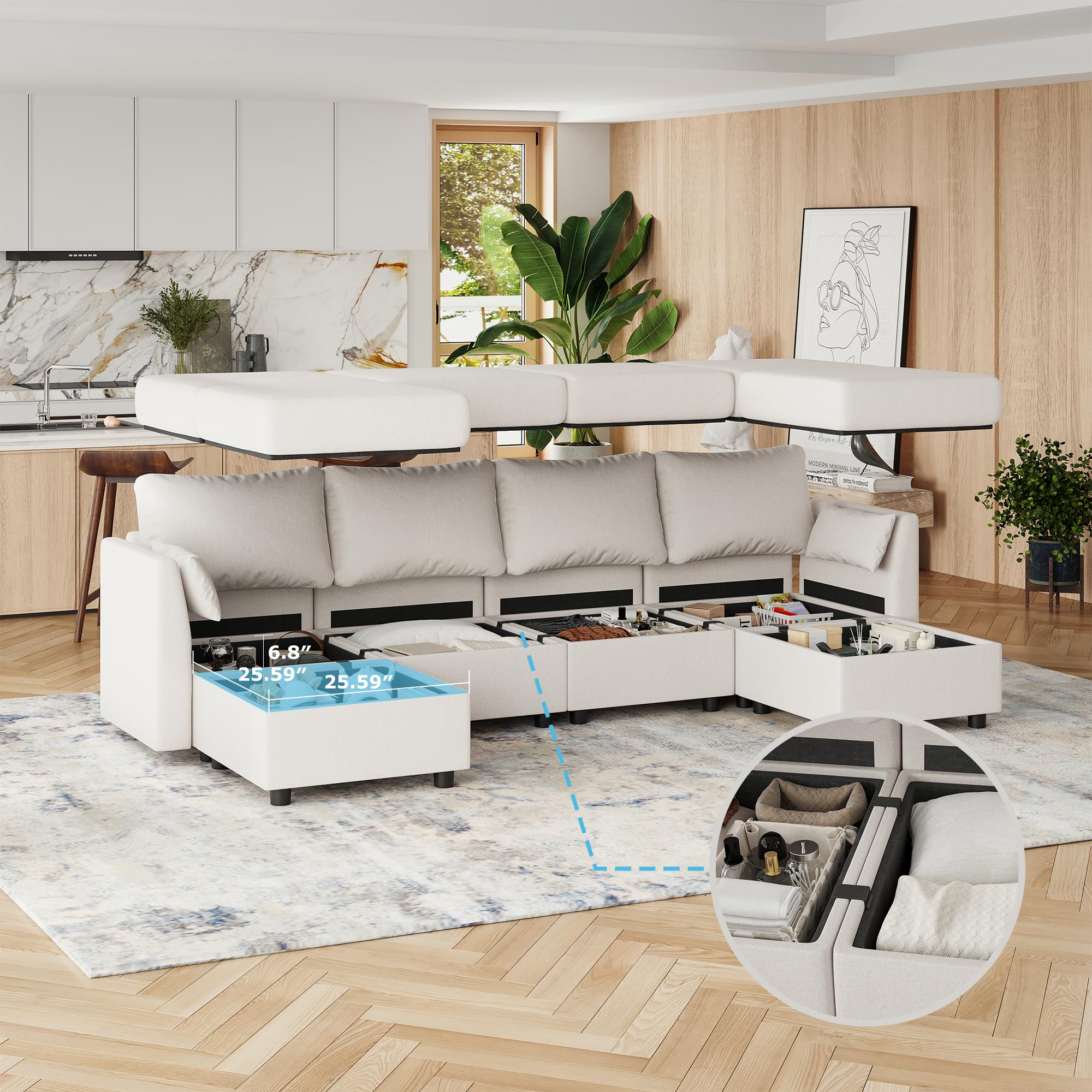Modular 6-Seat Convertible Sectional Sofa with Storage – Light Grey or Beige