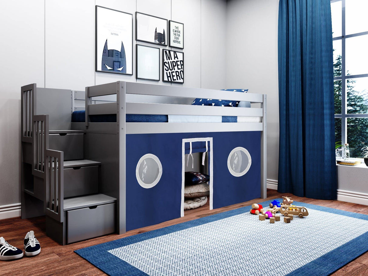 Contemporary Low Loft Twin Bed with a 3 Drawer Stairway, Gray with Blue & White Tent