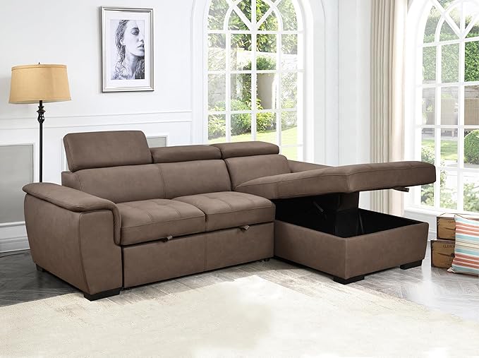 98'' Microfiber L-Shape Sectional Sleeper Couch with Pull-Out Bed, 4-Seater Sofa