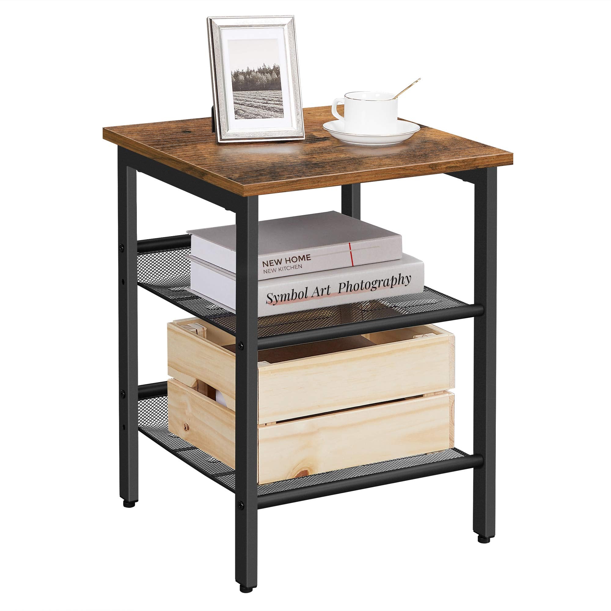 End Table, Nightstand with 2 Adjustable Mesh Shelves, Industrial Side Table