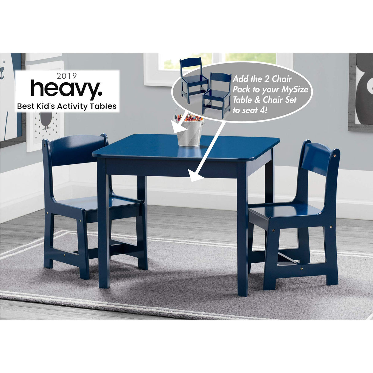 MySize Kids Wood Table and Chair Set (2 Chairs Included), Deep Blue