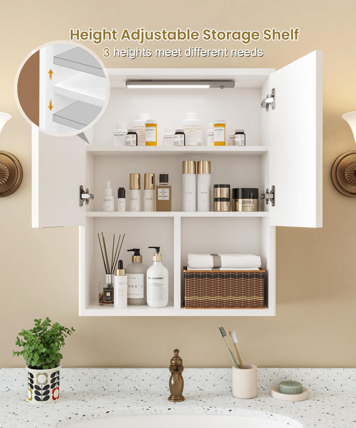 Fluted Bathroom Wall Cabinet with Motion Sensor Light, Curved Profile Wooden Medicine