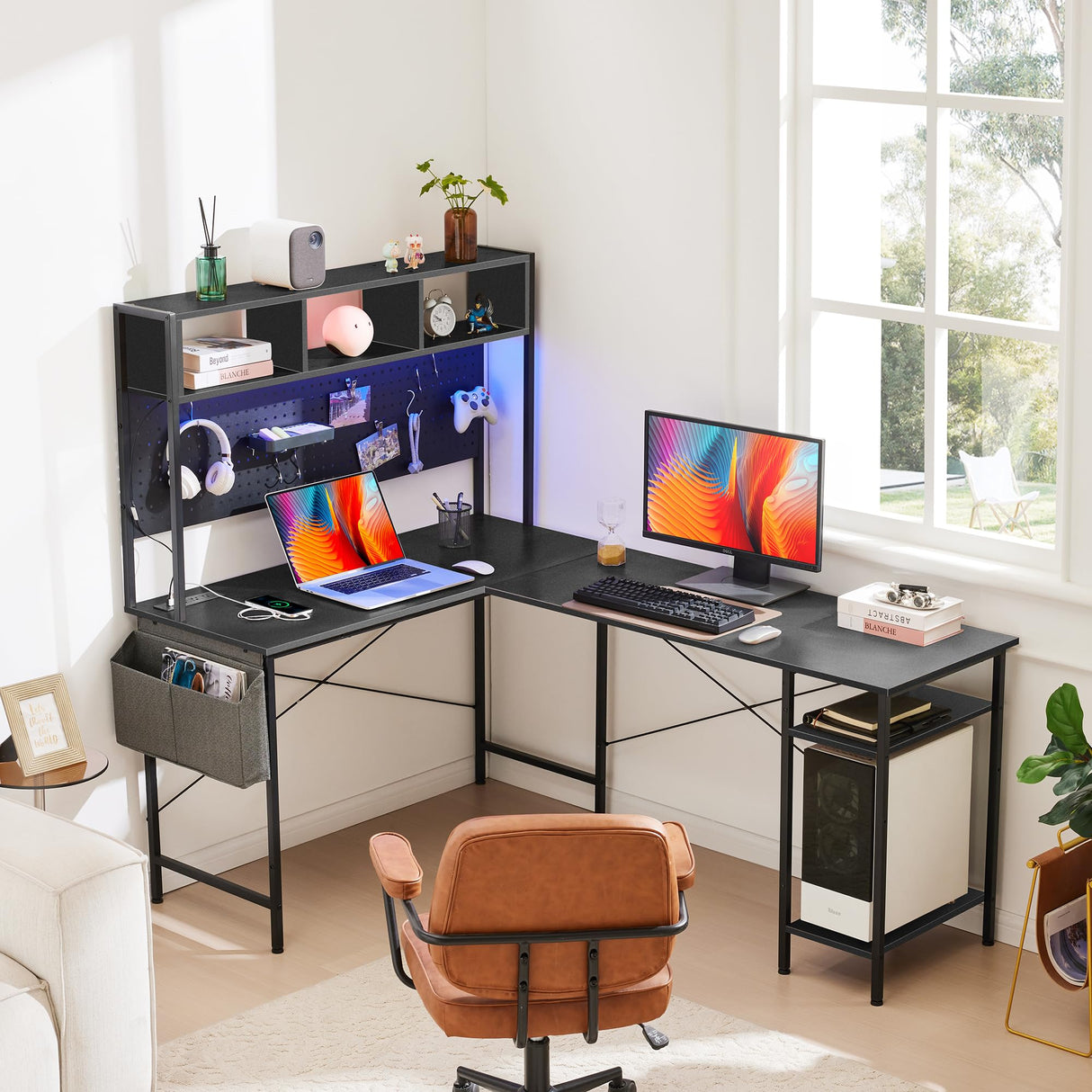 L Shaped Gaming Desk, 66 Inch Large Computer Desk with Power Outlet and Pegboard