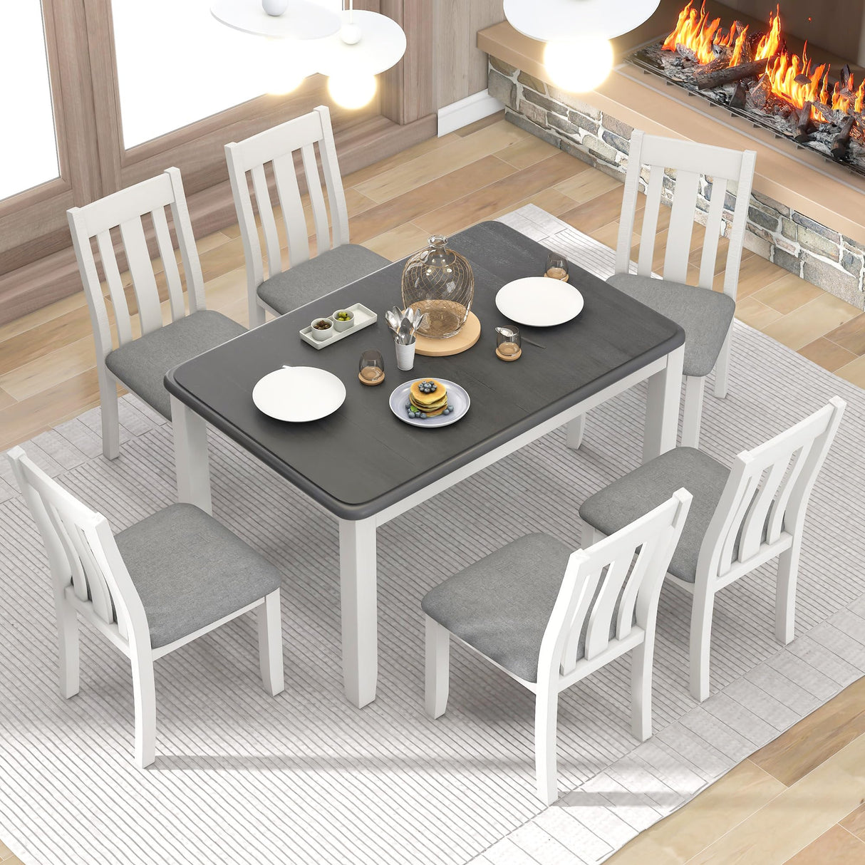 Piece Dining Table Set, Farmhouse Kitchen Table Set with 6 Upholstered Chairs, Extendable Kitchen