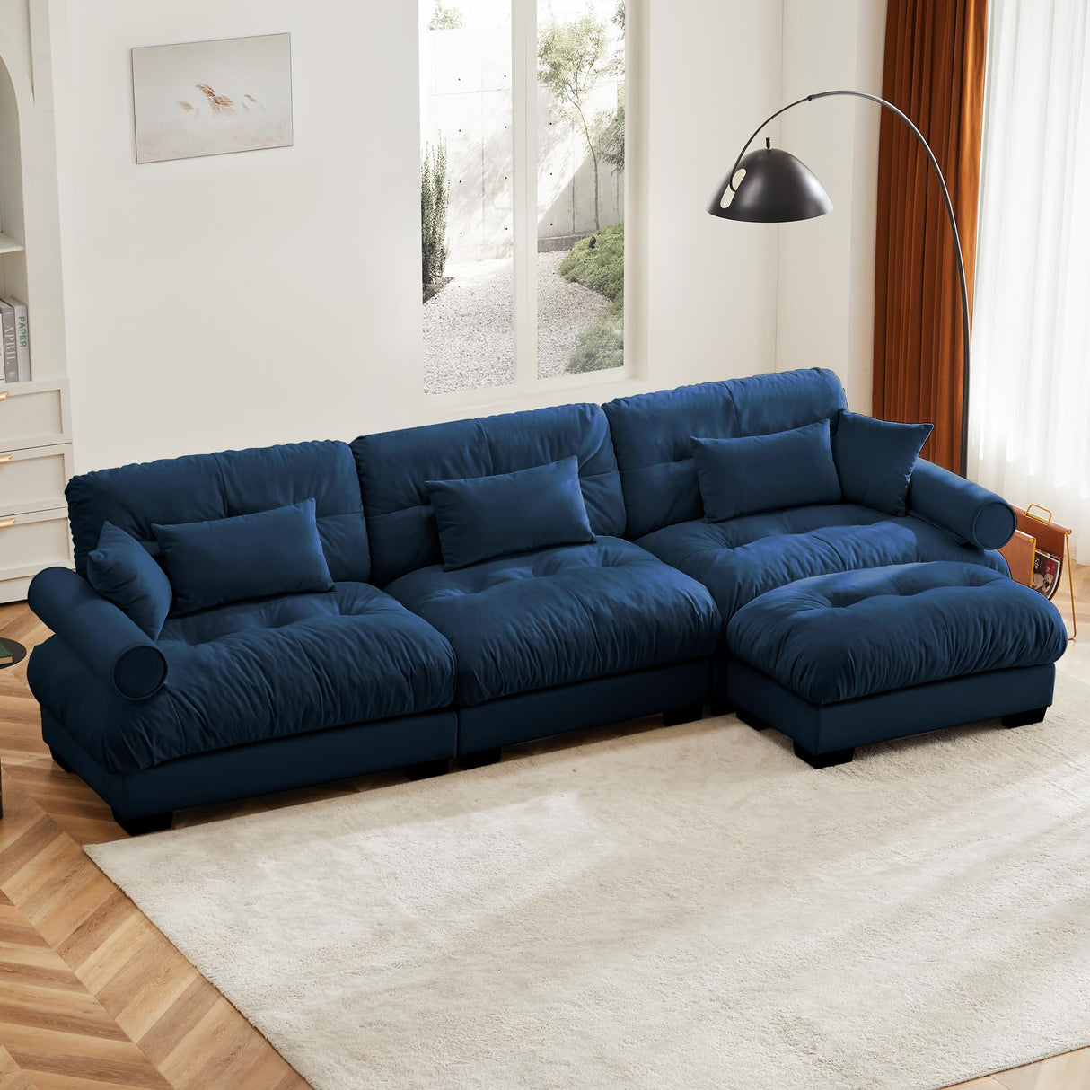 Luspaz 3-Seater Deep Seat Modular Velvet Cloud Sofa with Ottoman – Blue