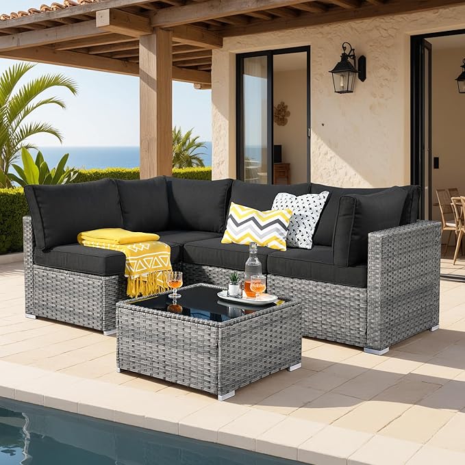 5 Pieces Patio Furniture Sets,Wicker Outdoor Sectional Sofa
