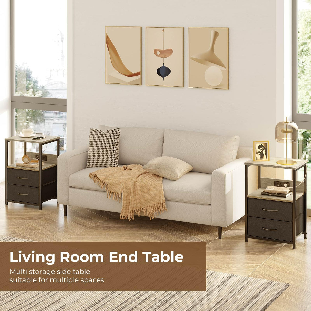 Nightstand Set of 1/2 with Charging Station, Bedside Table with LED Lights