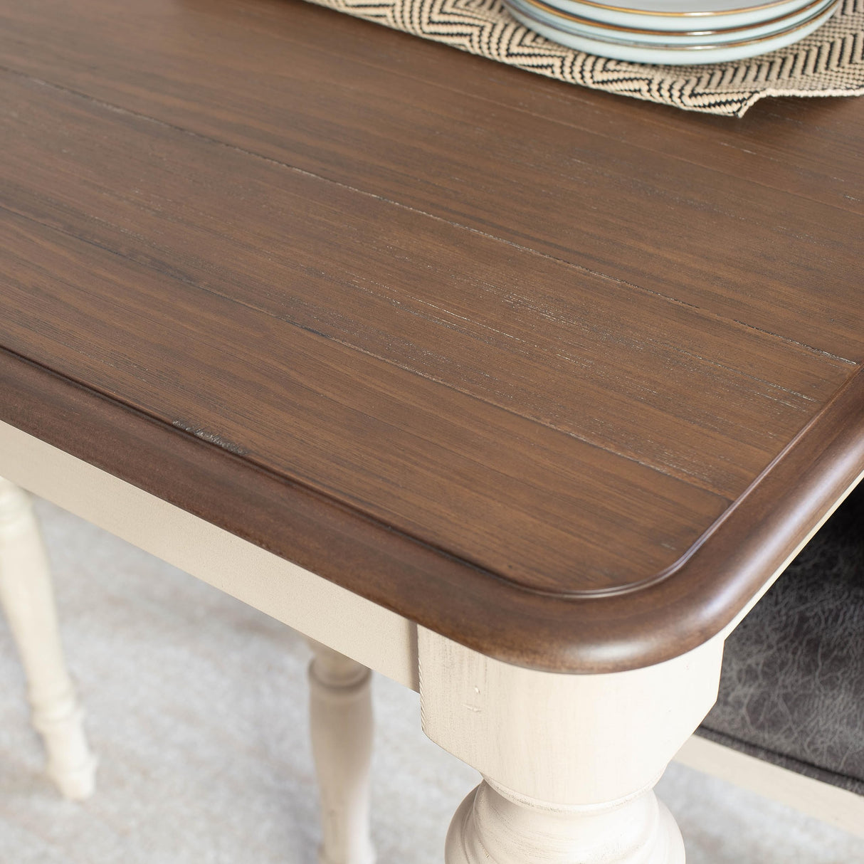 Arch Solid Wood Dining Set: Table with Extension Leaf, Six Chairs, Distressed White and Dark