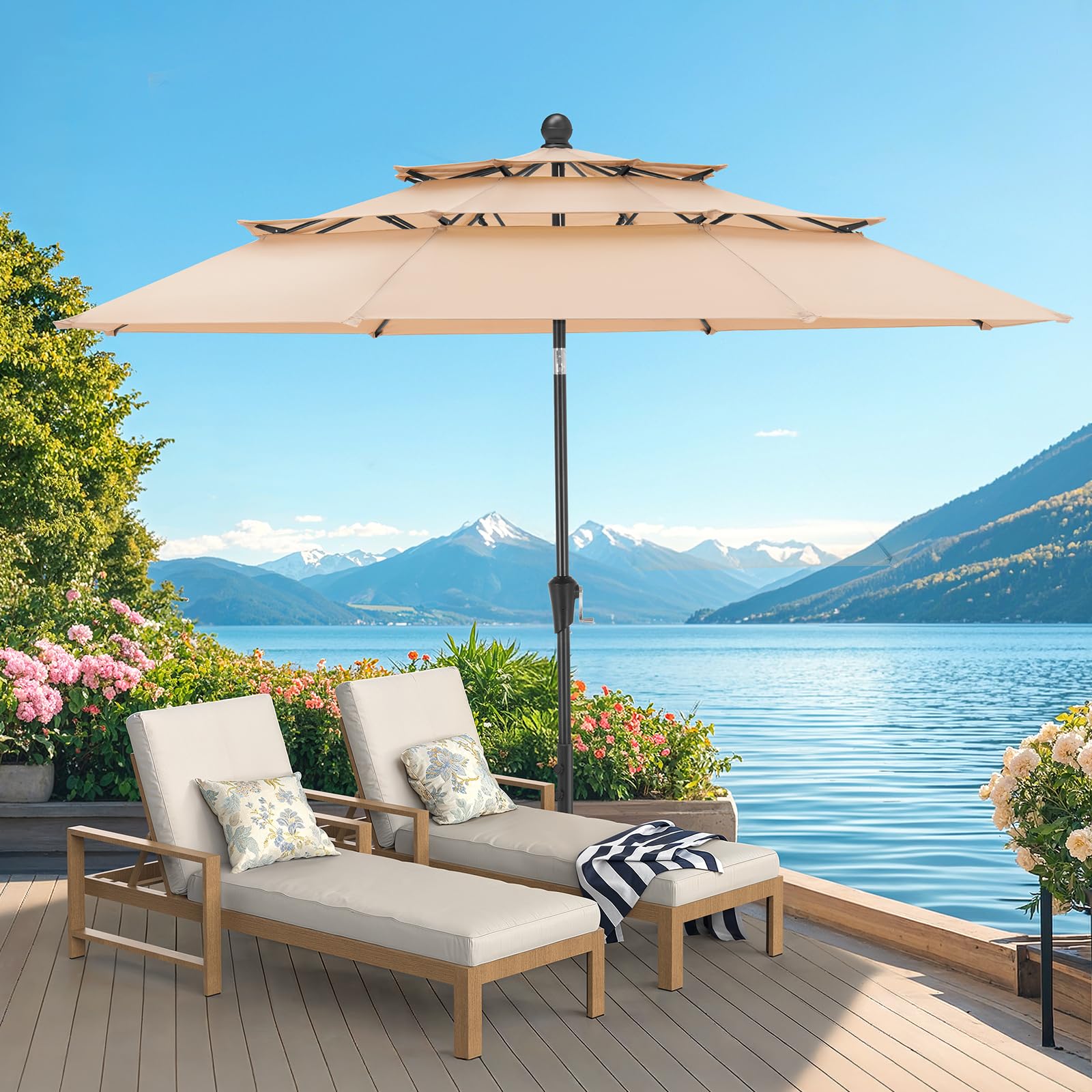 10 FT Patio Umbrella, 3 Tier Outdoor Table Umbrella with 8 Sturdy Glass Fiber Ribs