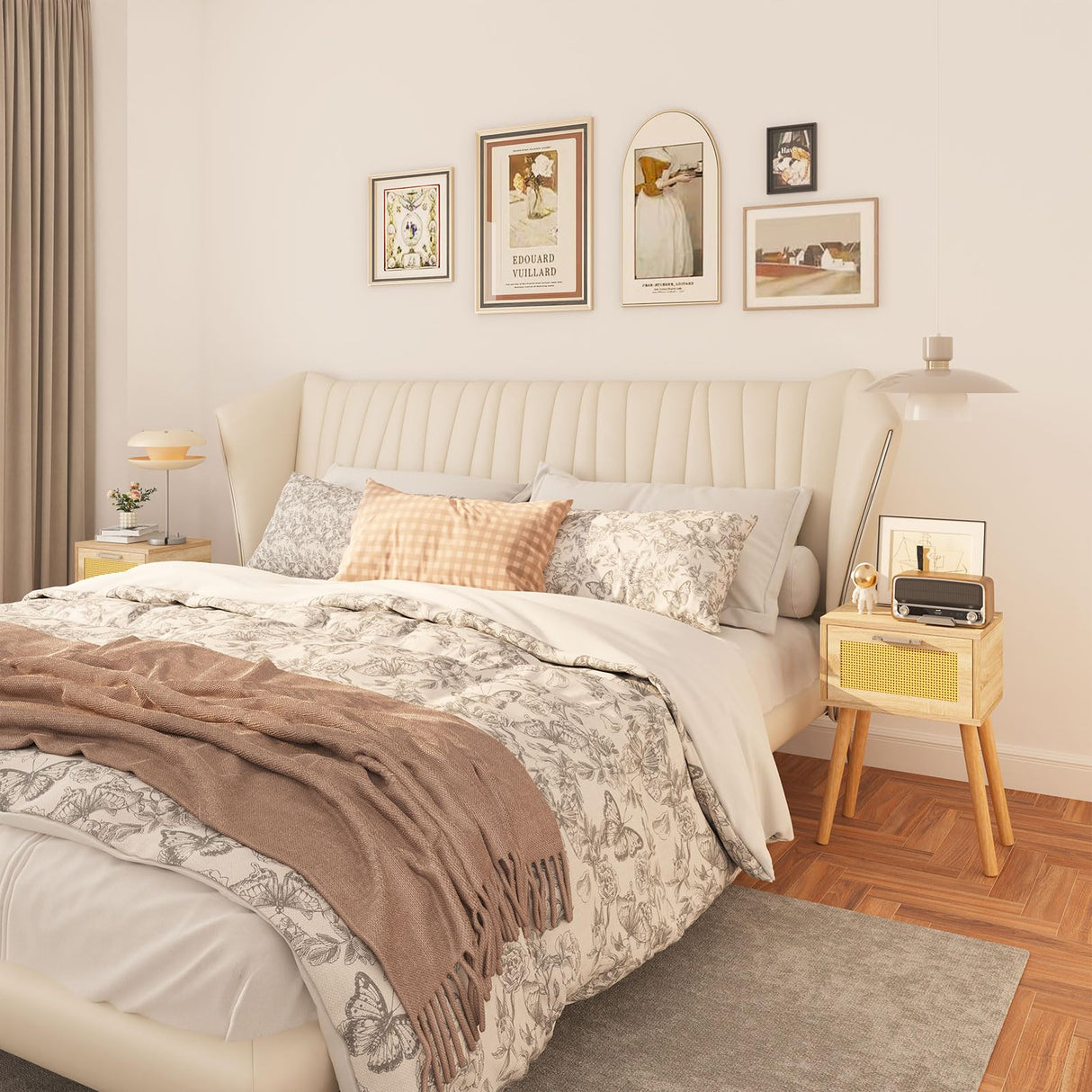 Nightstand, Small Bedside Table, Handmade Rattan Decorated Drawer, Solid Wood Legs