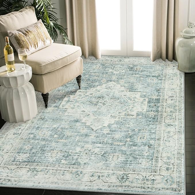Machine Washable Rug 5x7 Sage Green Rugs for Living Room, Non Slip Vinatge Rug Boho