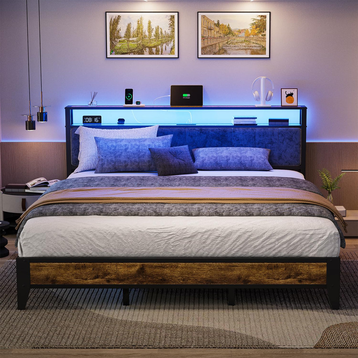 King Bed Frame with Headboard and LED Lights