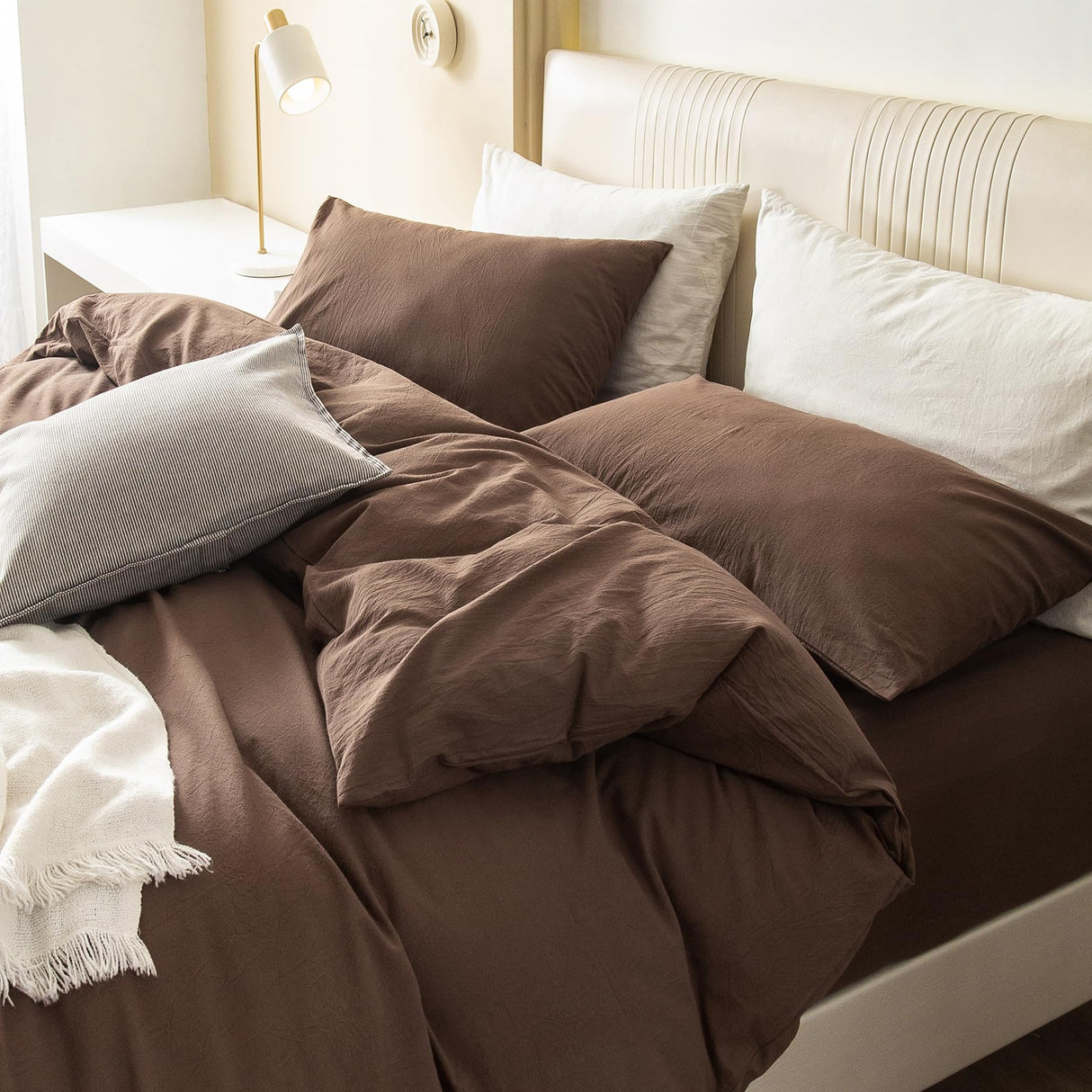 Durable Linen Feel Bedding for All Seasons King, Solid Chocolate Brown