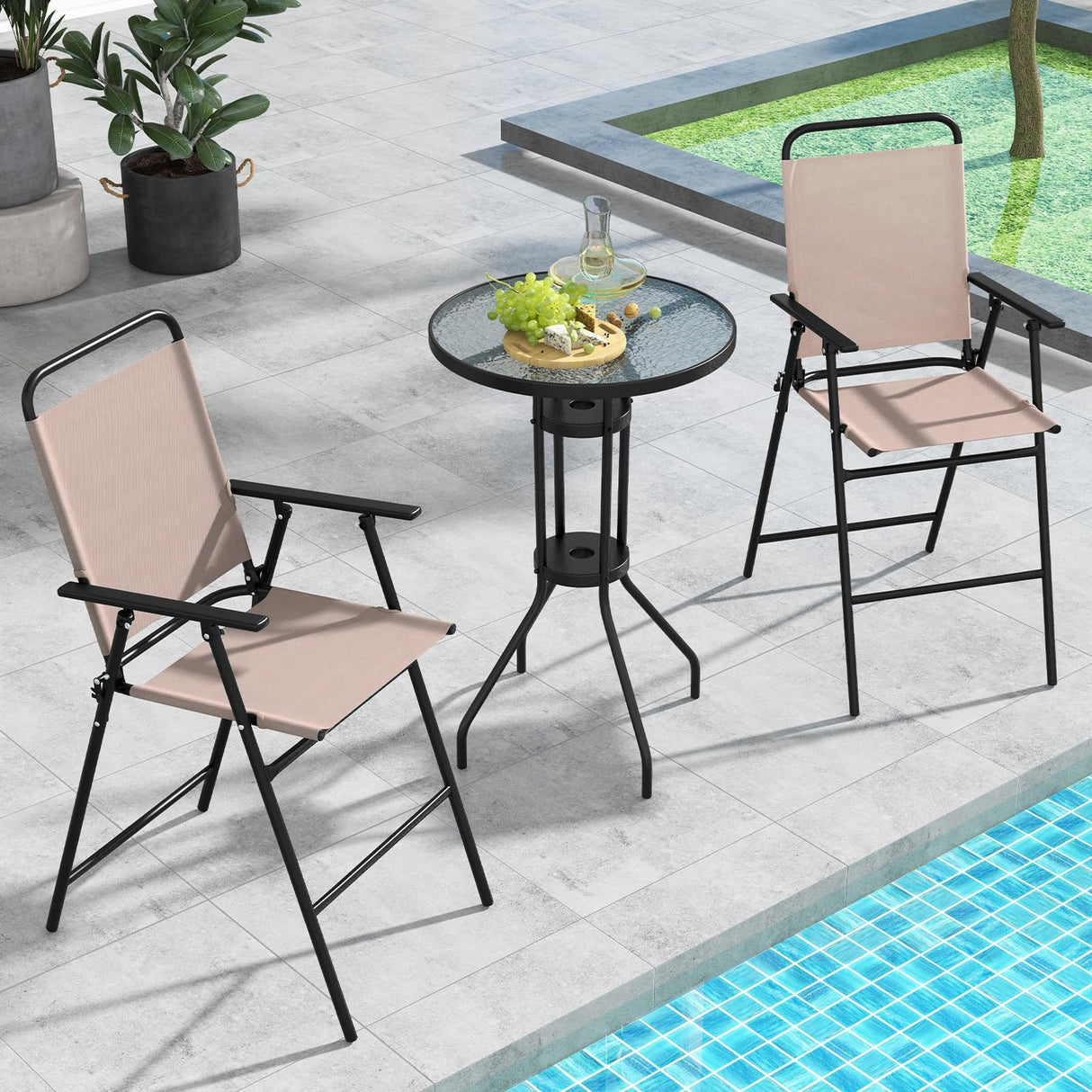 3 PCS Outdoor Bistro Set, Patio Bar Table with 2 Folding Chairs