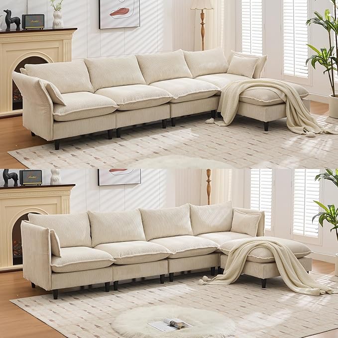 L Shaped Sectional Couch with Removable Ottoman, 5 Seater Modular Sofa