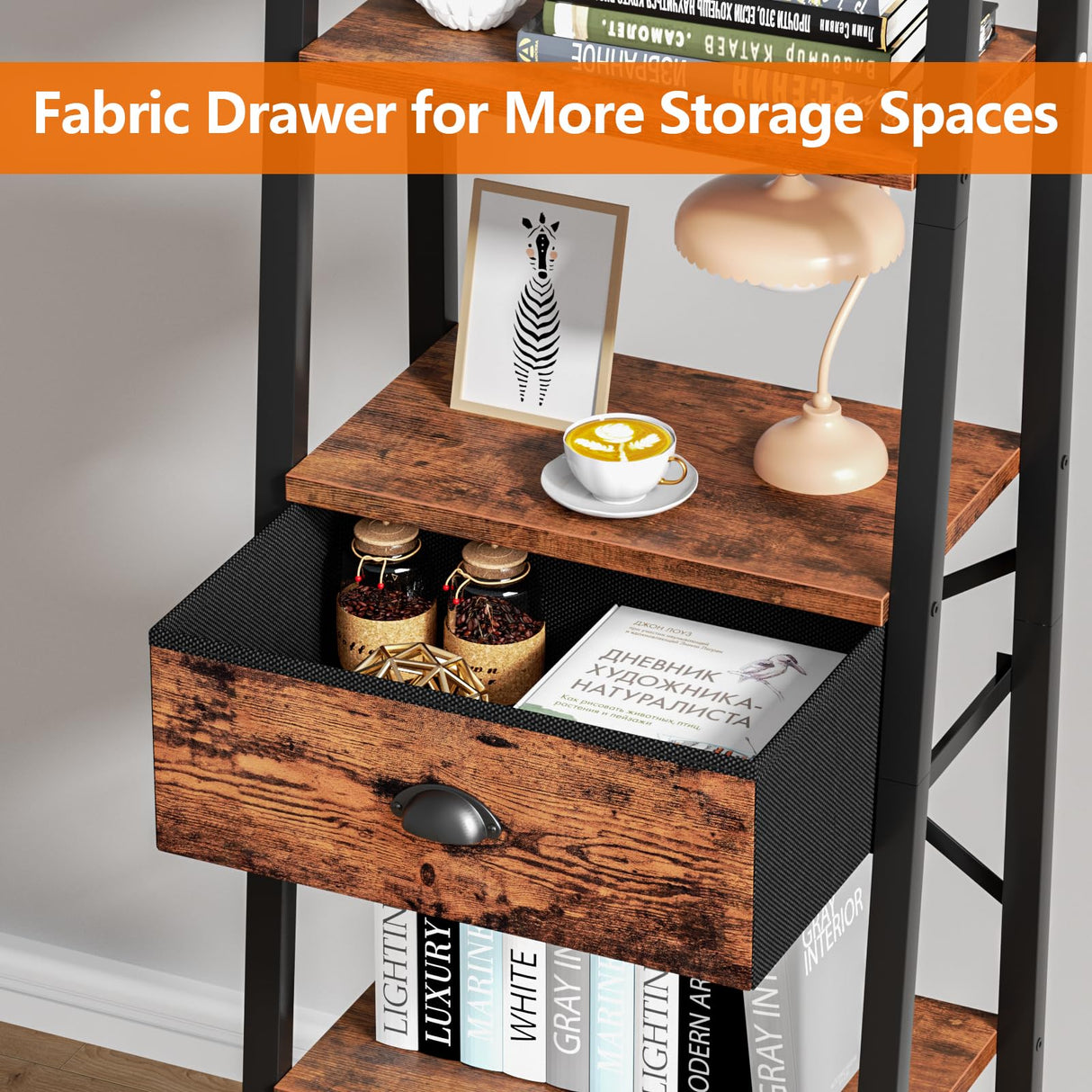 5 Tier Ladder Shelf with Drawer, Tall Bookshelf Storage Shelves, Bookcase Standing Shelf