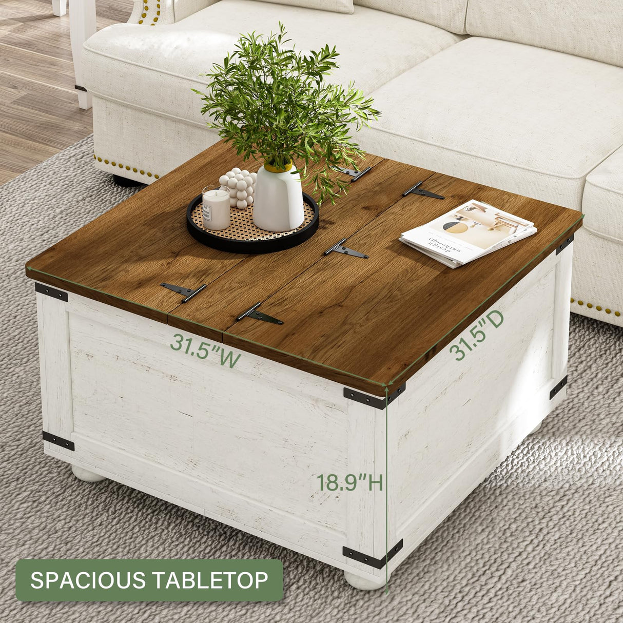 Farmhouse Coffee Table with Hydraulic Gas Rod, White Square Coffee Table