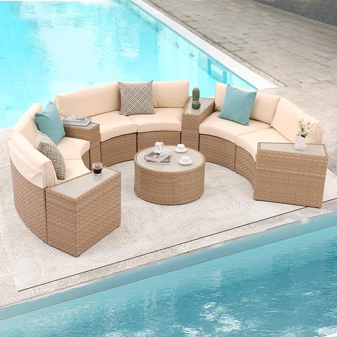 Outdoor Patio Furniture 11-Piece Half-Moon Sectional Round Patio Furniture Set