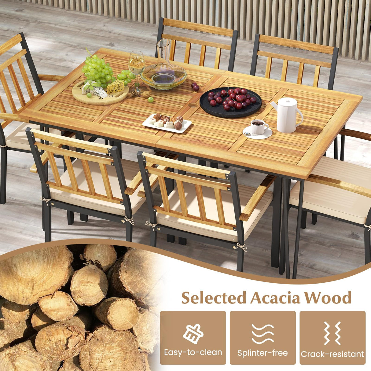 7 Pieces Patio Dining Set with Acacia Wood Dining Table & Armchairs, Soft Cushions, 2”