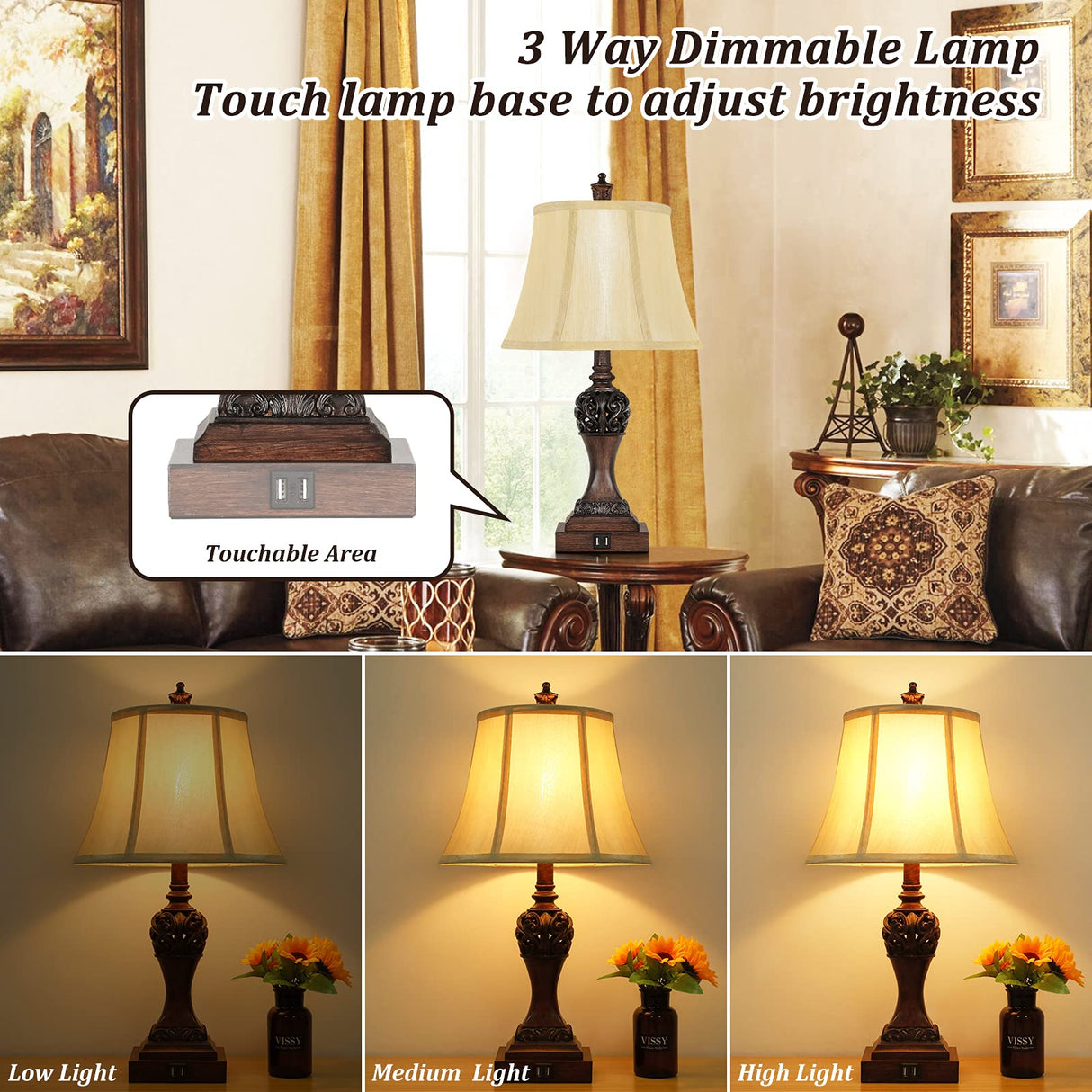 Touch Control Dimmable Table Lamps with USB Ports - Set of 2