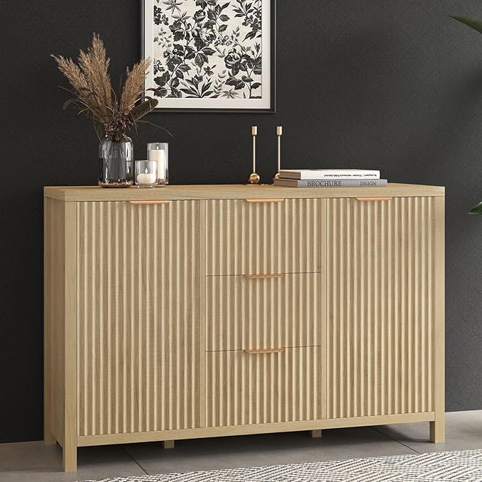 Modern Fluted Black Storage Cabinet with Adjustable Shelf