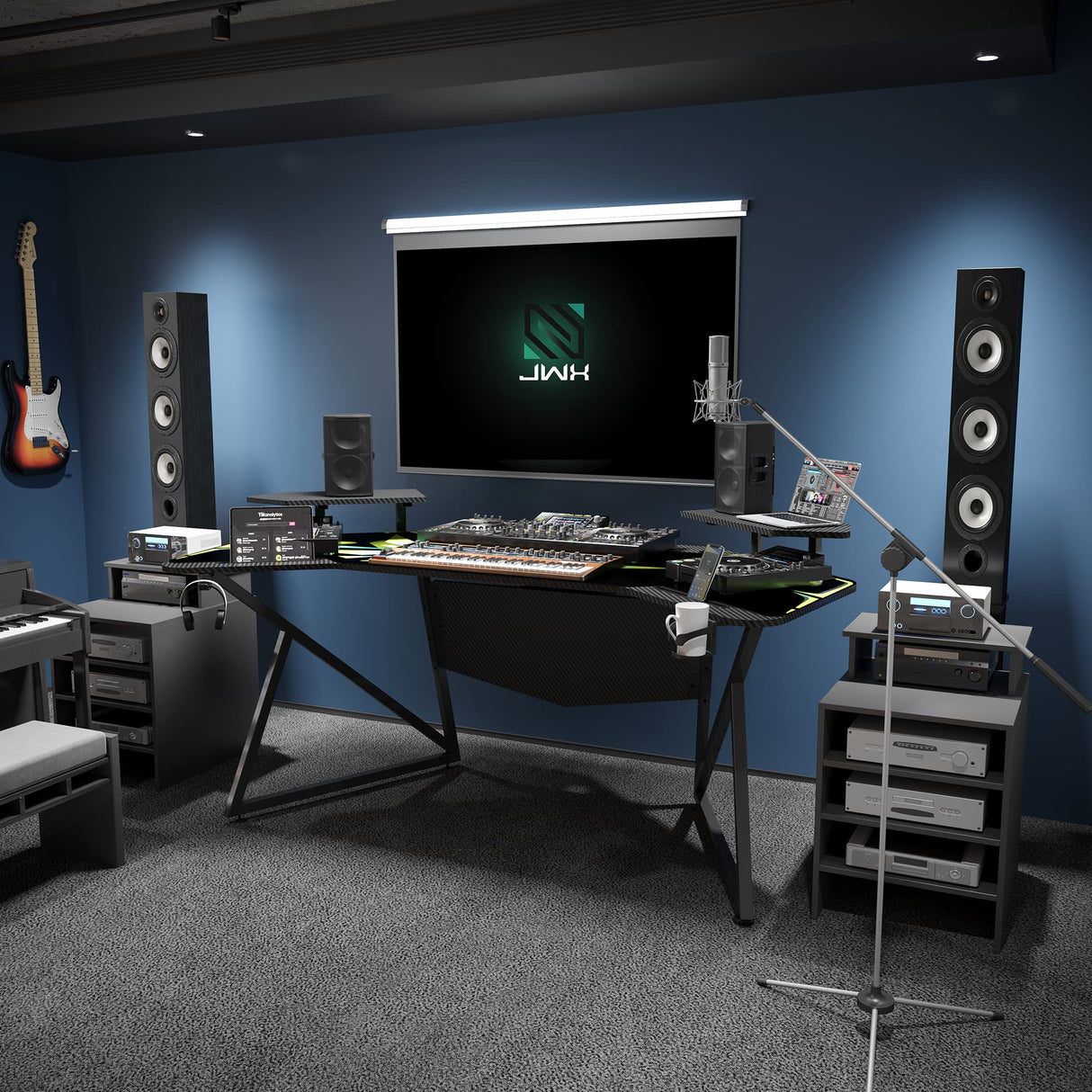 Gaming Desk with Removable Speaker Stand, 72'' Large Studio Wing-Shaped Gaming