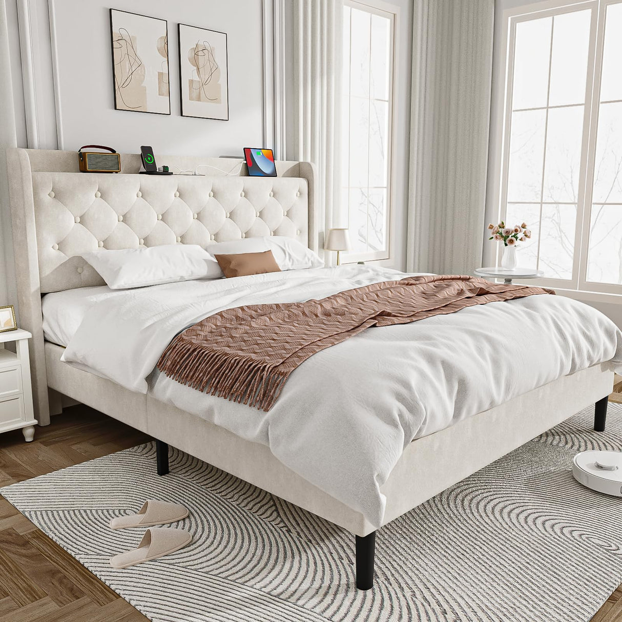 Beige Queen Bed Frame with Charging Ports & Upholstered Platform