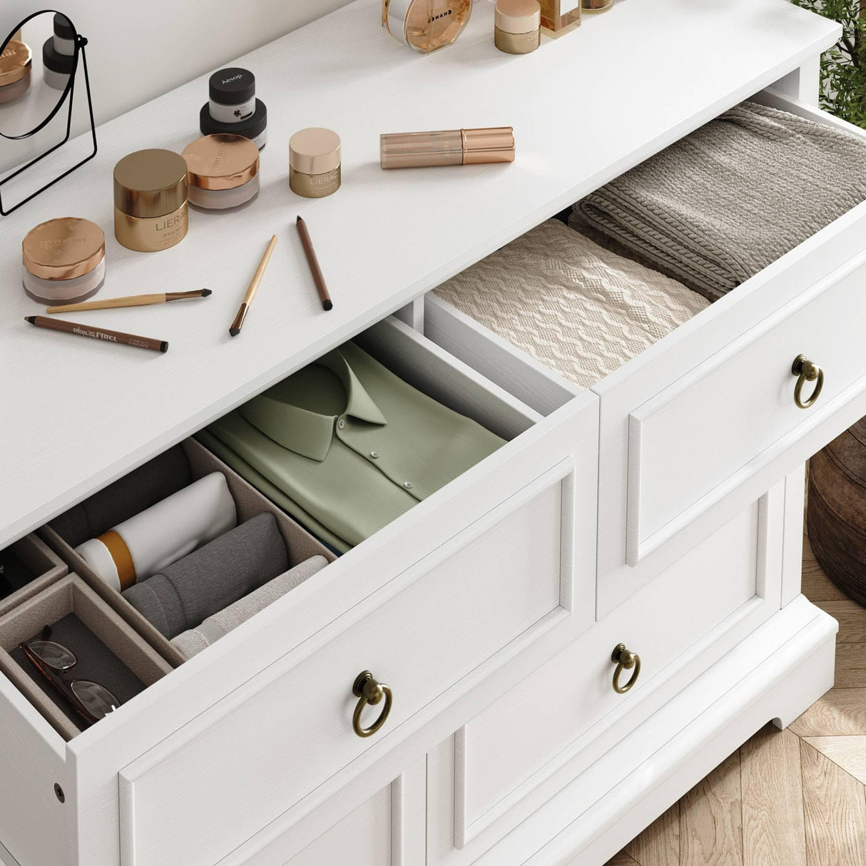 HOSTACK 6 Drawers Dresser for Bedroom, White Dressers & Chests of Drawers, 47.2" Wide Wood Double Dresser, Modern Farmhouse Storage Dressers, 6 Drawer Chest for Living Room, Entryway, Hallway