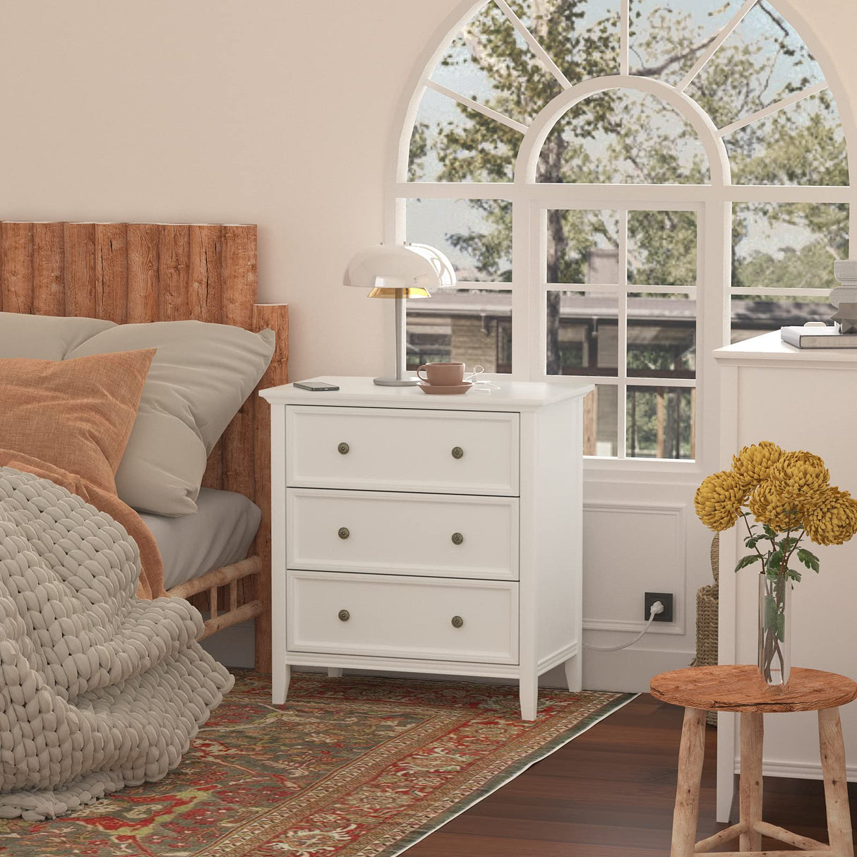 White Nightstand with 3 Drawers and Charging Station, Solid Wood Nightstand