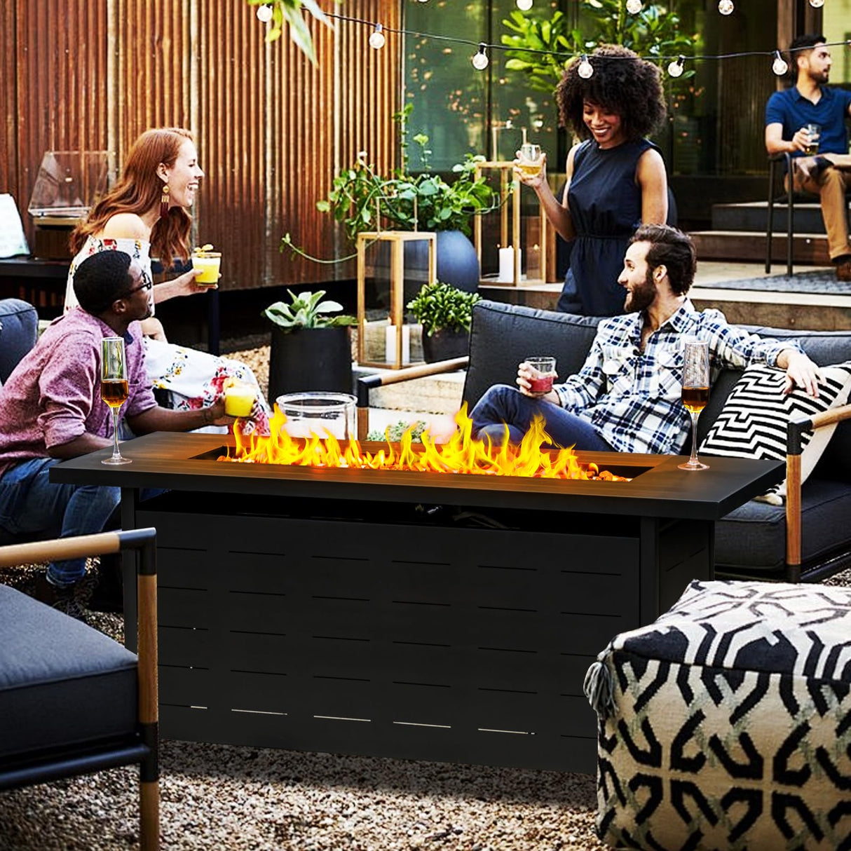 EcoNook 57 inch Propane Fire Pit Table,50000 BTU Gas Fire Pits Table with Lid & Lava Rock & Waterproof Cover, Outdoor Propane Firepit for Dining or Party, Outside, Patio, Garden, Yard - Bircata