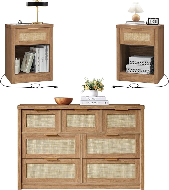 3 Piece Rattan Bedroom Sets Queen Size, Include Nightstand Set of 2