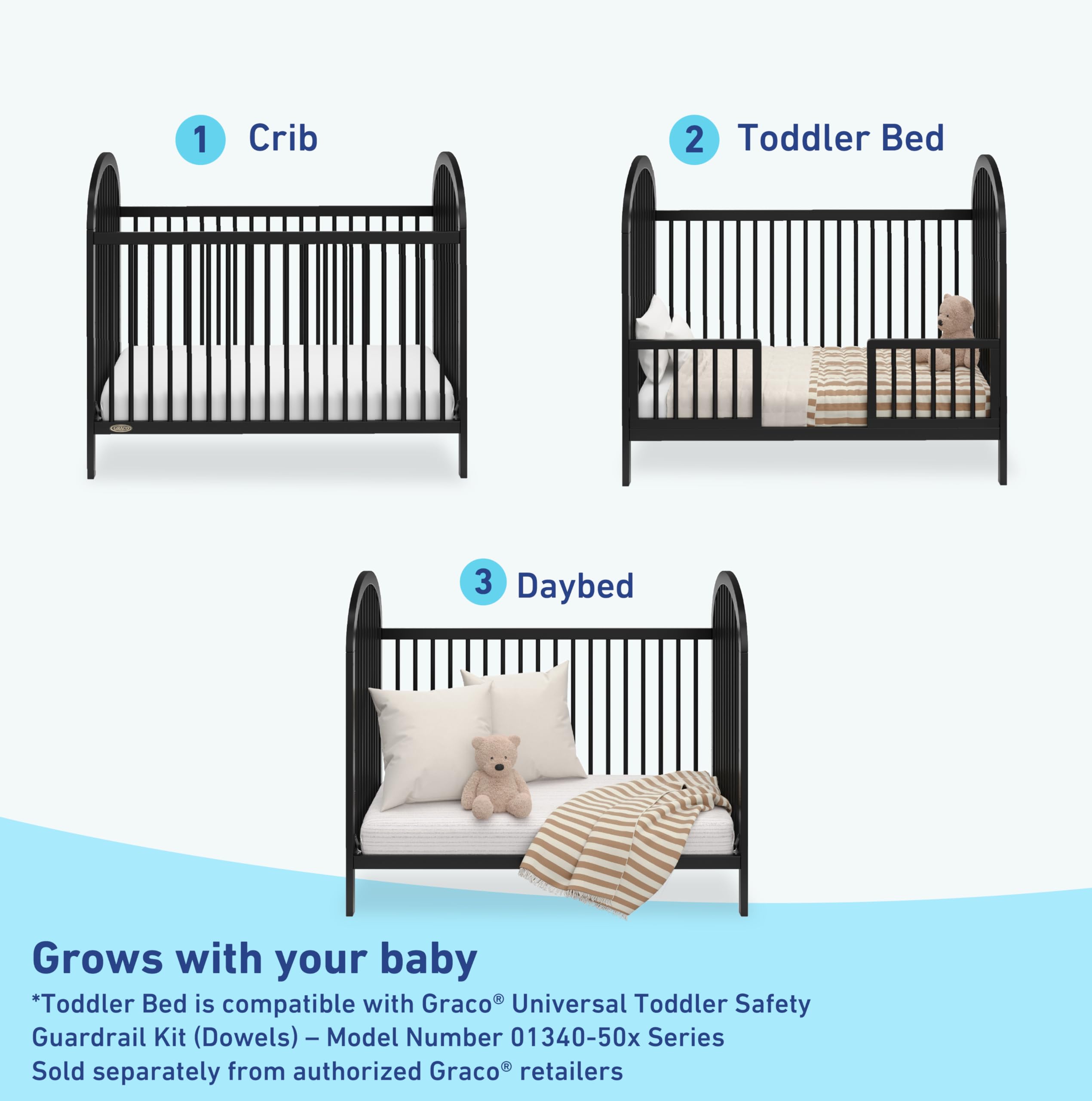 3-in-1 Convertible Crib (Black) – GREENGUARD Gold Certified, Converts to Daybed and Toddler Bed, Fits Standard Full-Size Crib Mattress, Adjustable Mattress Height, Easy-to-Match Style