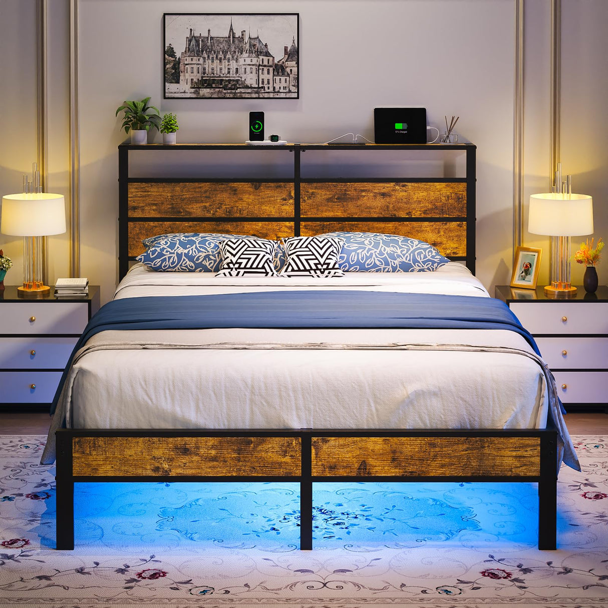 Queen Size Bed Frame with USB Charging Station and Headboard