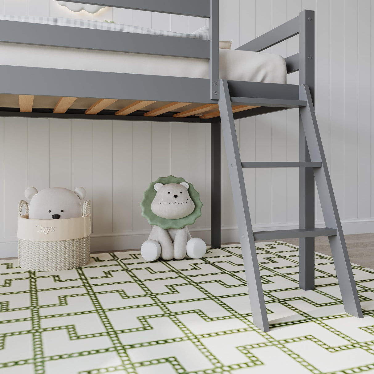 Solid Wood Loft Bed with Slide, Twin Size Wooden Bed Frame