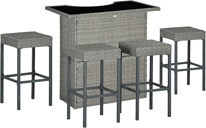 5 Pcs Rattan Wicker Bar Set, High Top Outdoor Table and Chairs